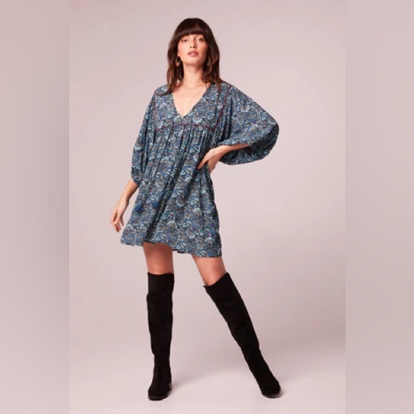 Band Of The Free Dresses & Skirts - NWT Band Of The Free MALLORY TEAL FLORAL BABYDOLL MINI DRESS Bohemian Sleeves